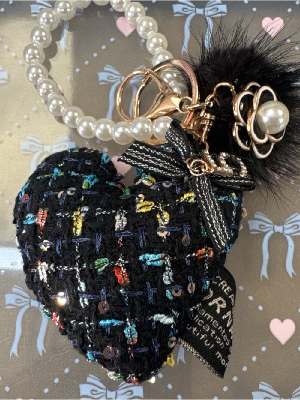 Tweed Heart bag charm